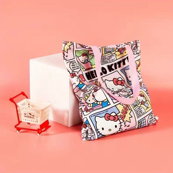Hello kitty canvas tote bag with zipper comic style Sanrio - Picture 3 of 5